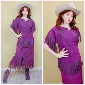 1980s Vintage Pioneer Wear Purple Suede Western Set / 80s Fringe Leather Large